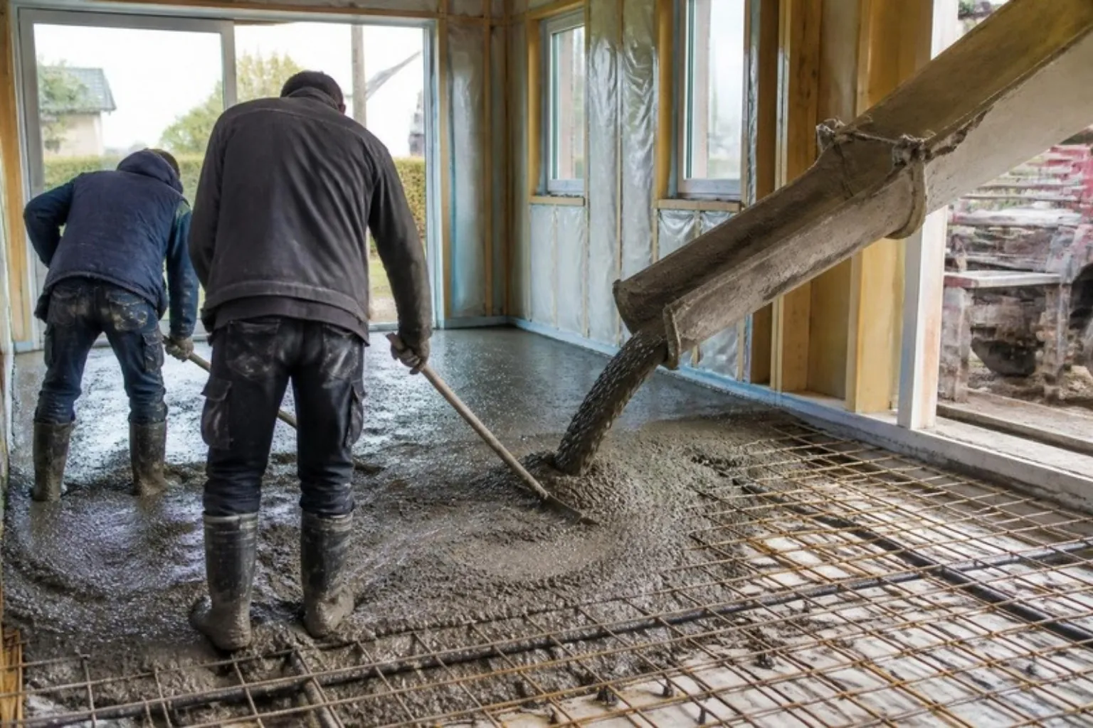 Beton hældes over armering til nyt gulv